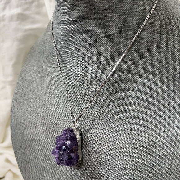Natural Cluster Amethyst 925 Solid Sterling Silver Unisex Pendant 40mm. - Picture 7 of 11